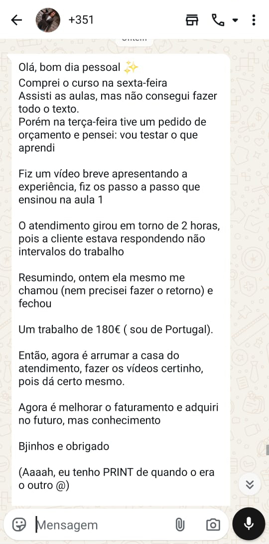 Print de conversa de aluna no WhatsApp