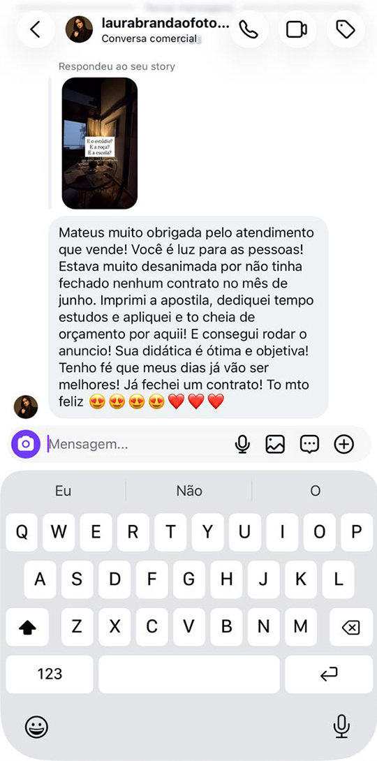 Print de conversa de aluna no WhatsApp